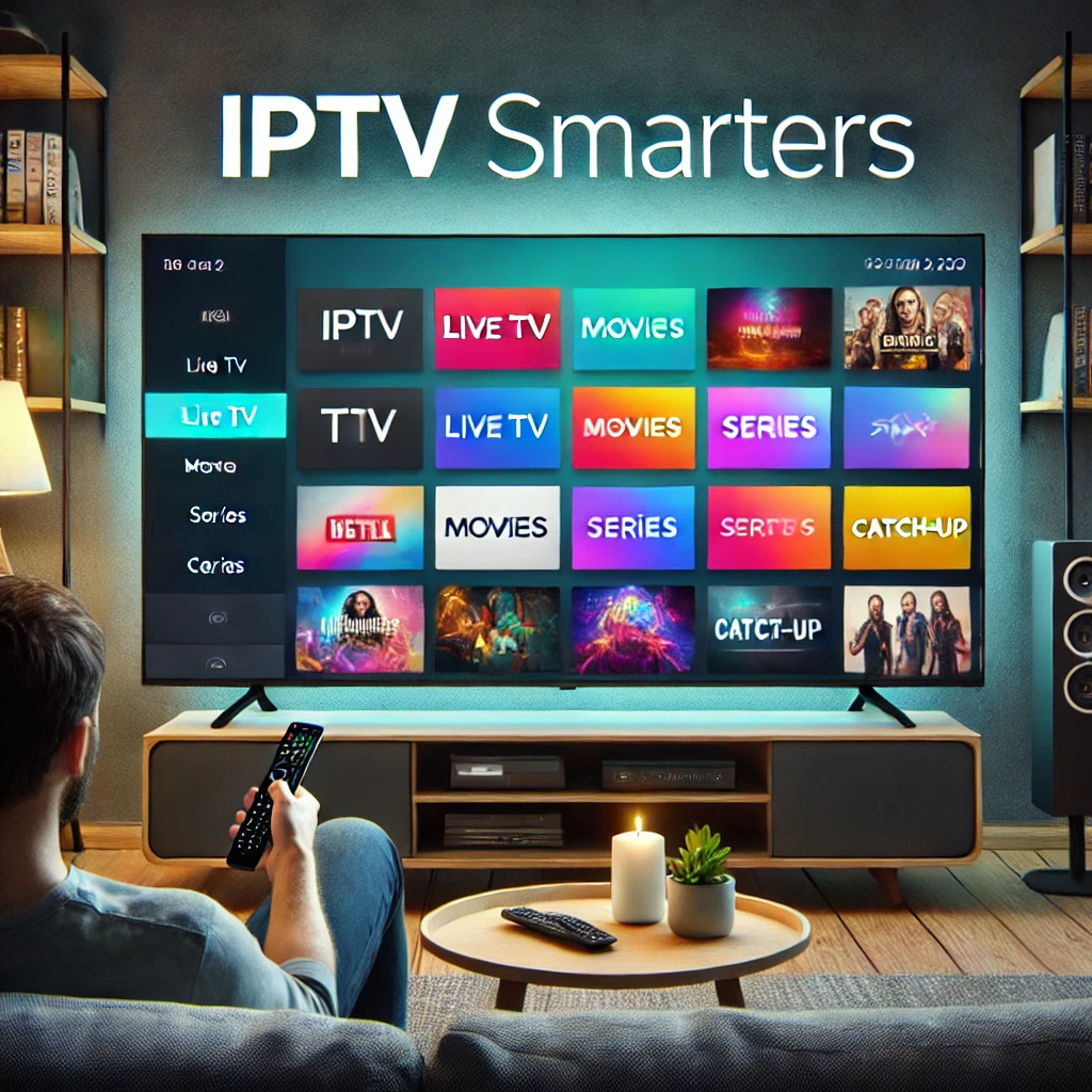 Man using IPTV Smarters on smart TV with IPTV South Africa service showing live TV movies and series