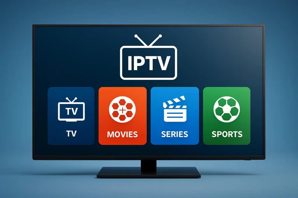 IPTV South Africa interface showing TV movies series and sports categories on a smart TV screen